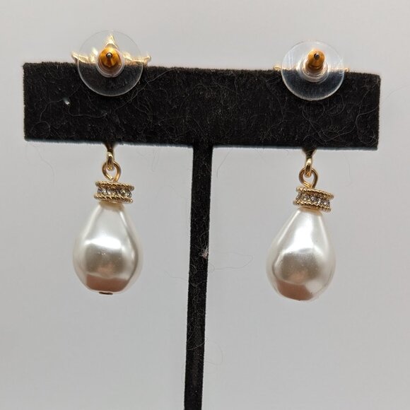 ***SPECIAL PRICE:  NWOT Pearl Drop Earrings with Black Capochon & Rhinestones - Picture 2 of 4